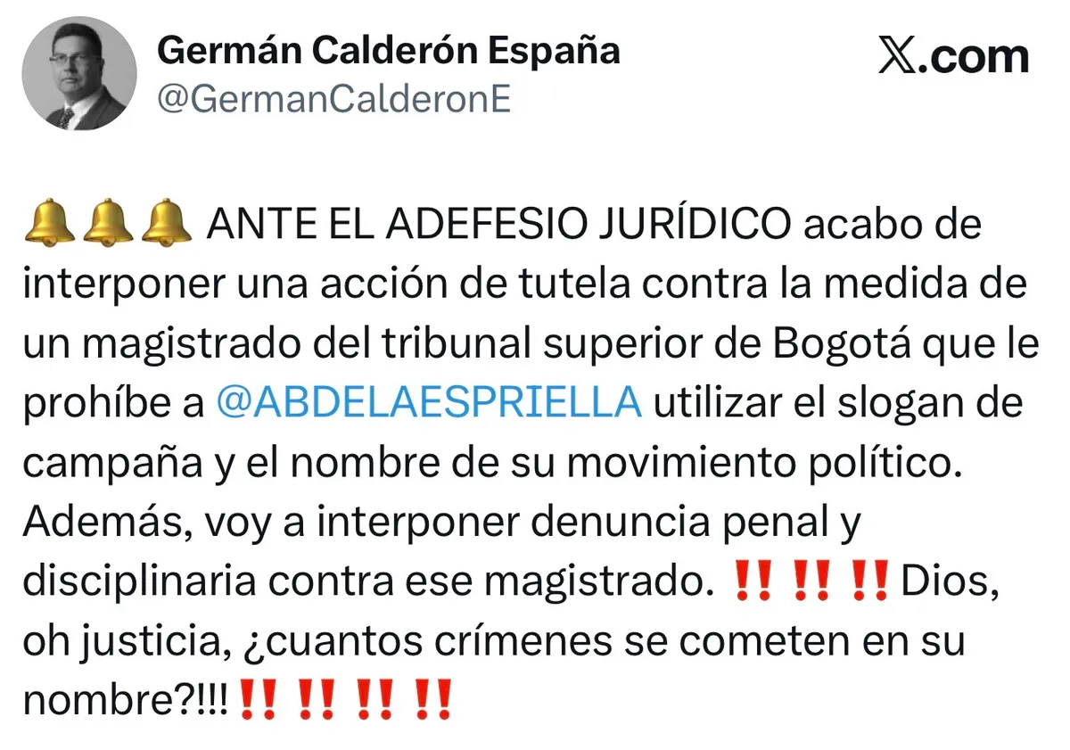 Campaña de Abelardo De La Espriella acude a la Corte Suprema tras medida que restringe uso de símbolos y eslóganes electorales