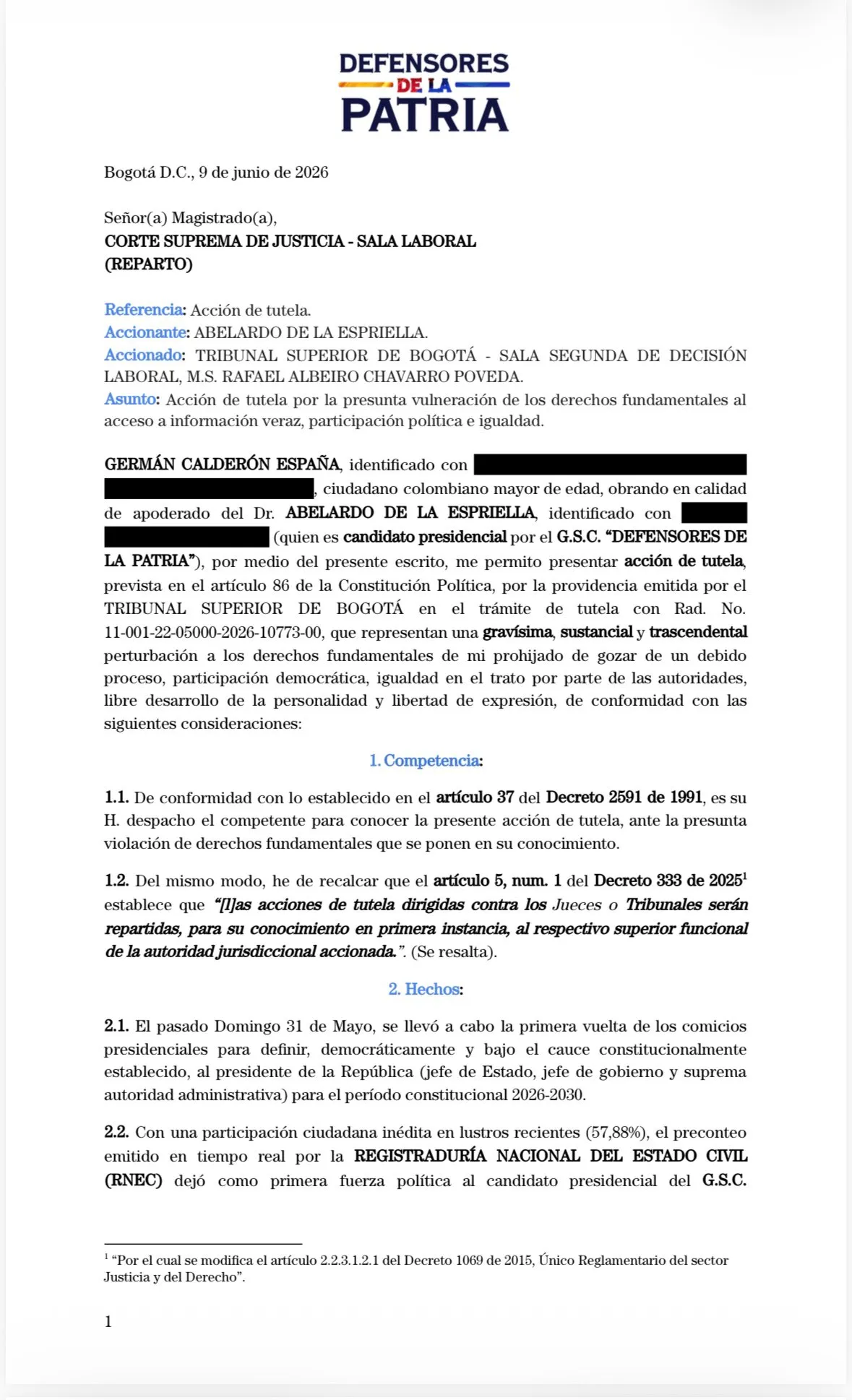 Campaña de Abelardo De La Espriella acude a la Corte Suprema tras medida que restringe uso de símbolos y eslóganes electorales