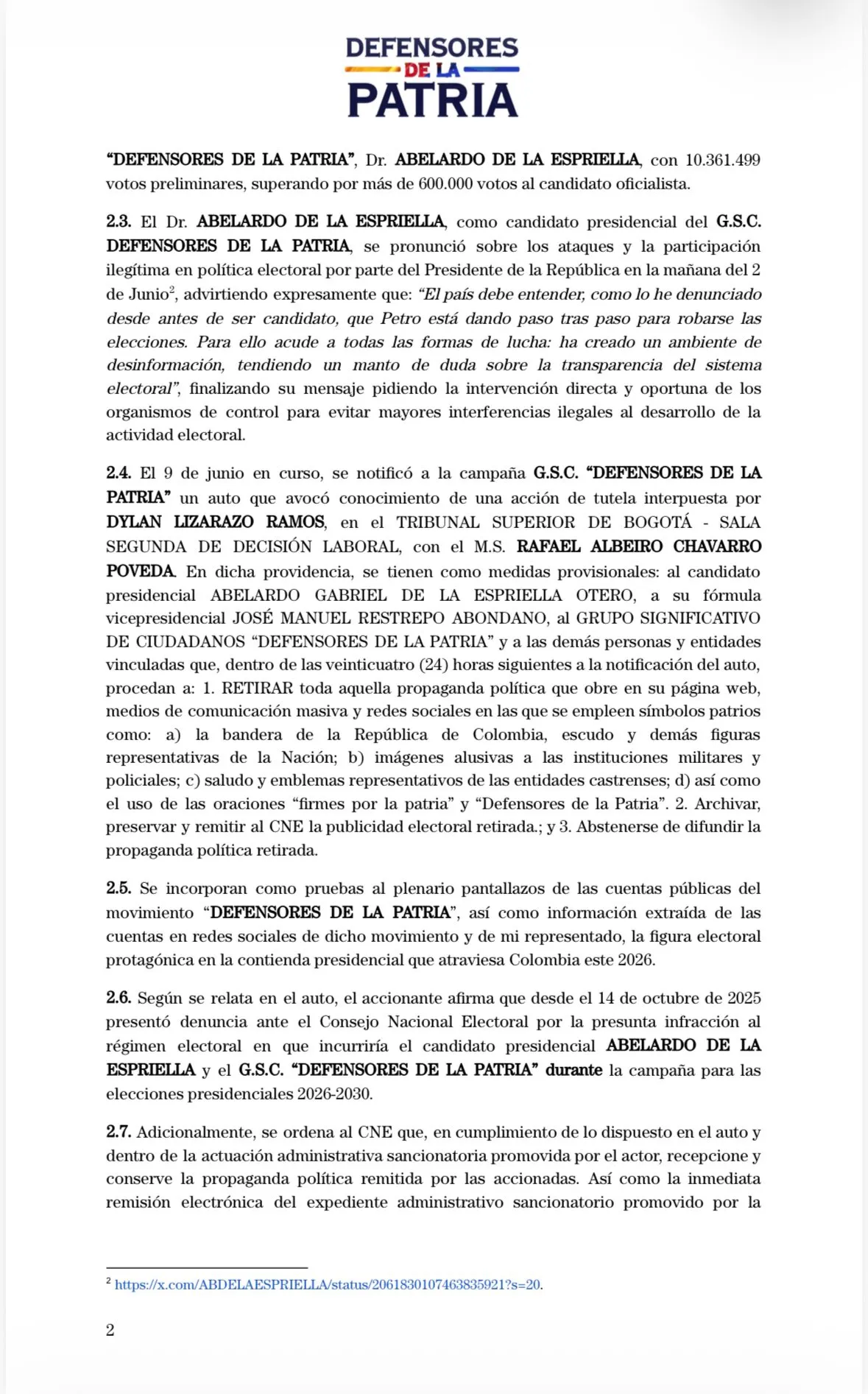 Campaña de Abelardo De La Espriella acude a la Corte Suprema tras medida que restringe uso de símbolos y eslóganes electorales