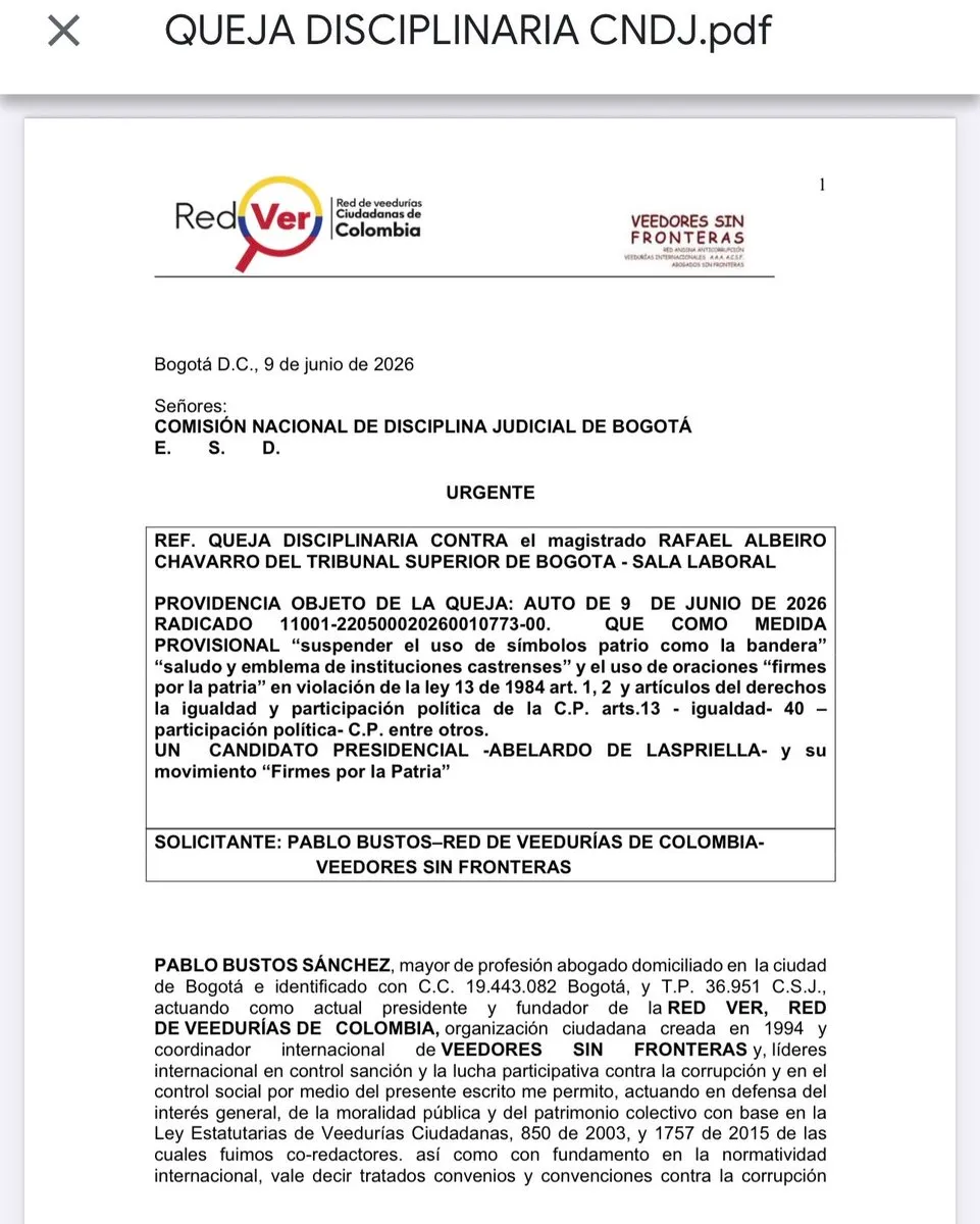 Red de Veedurías de Colombia presentó queja disciplinaria contra magistrado del Tribunal por decisión relacionada con De La Espriella