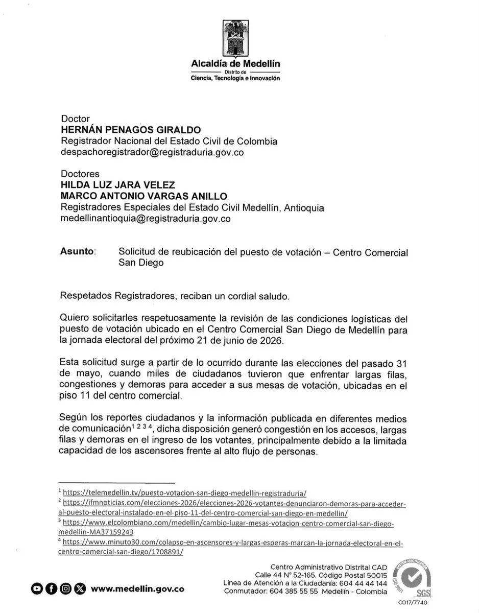 San Diego volverá a operar en el primer piso como puesto de votación para la segunda vuelta presidencial tras solicitud de la Alcaldía de Medellín