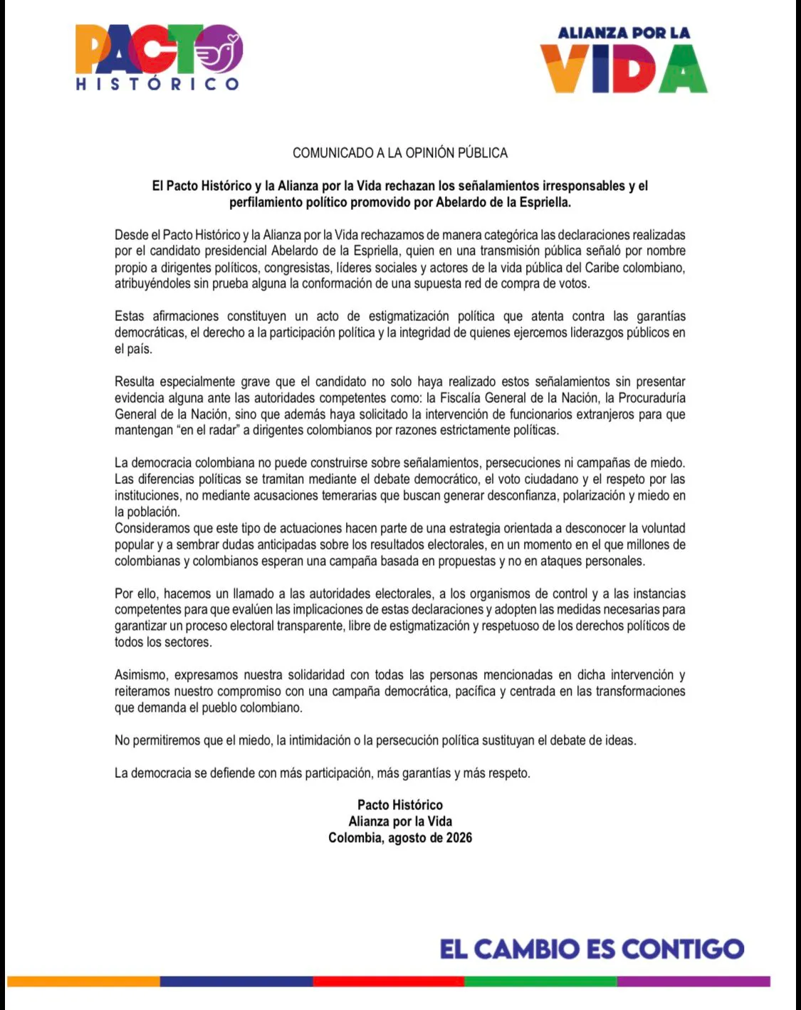 Pacto Histórico rechazó señalamientos de Abelardo de la Espriella por presunta red de compra de votos