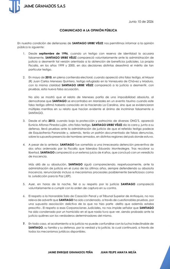 Defensa de Santiago Uribe cuestionó condena y anunció que seguirá dando la batalla jurídica