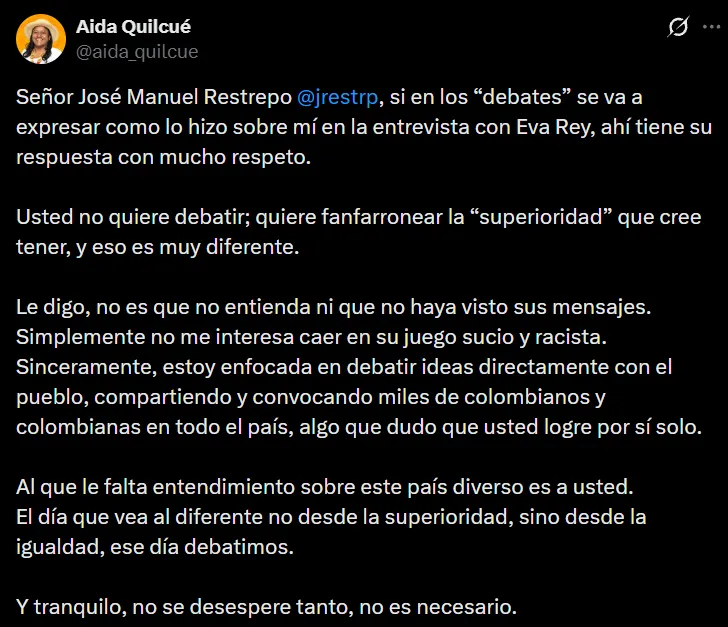 “Quiere fanfarronear superioridad” Aida Quilcué rechazó debate con José Manuel Restrepo
