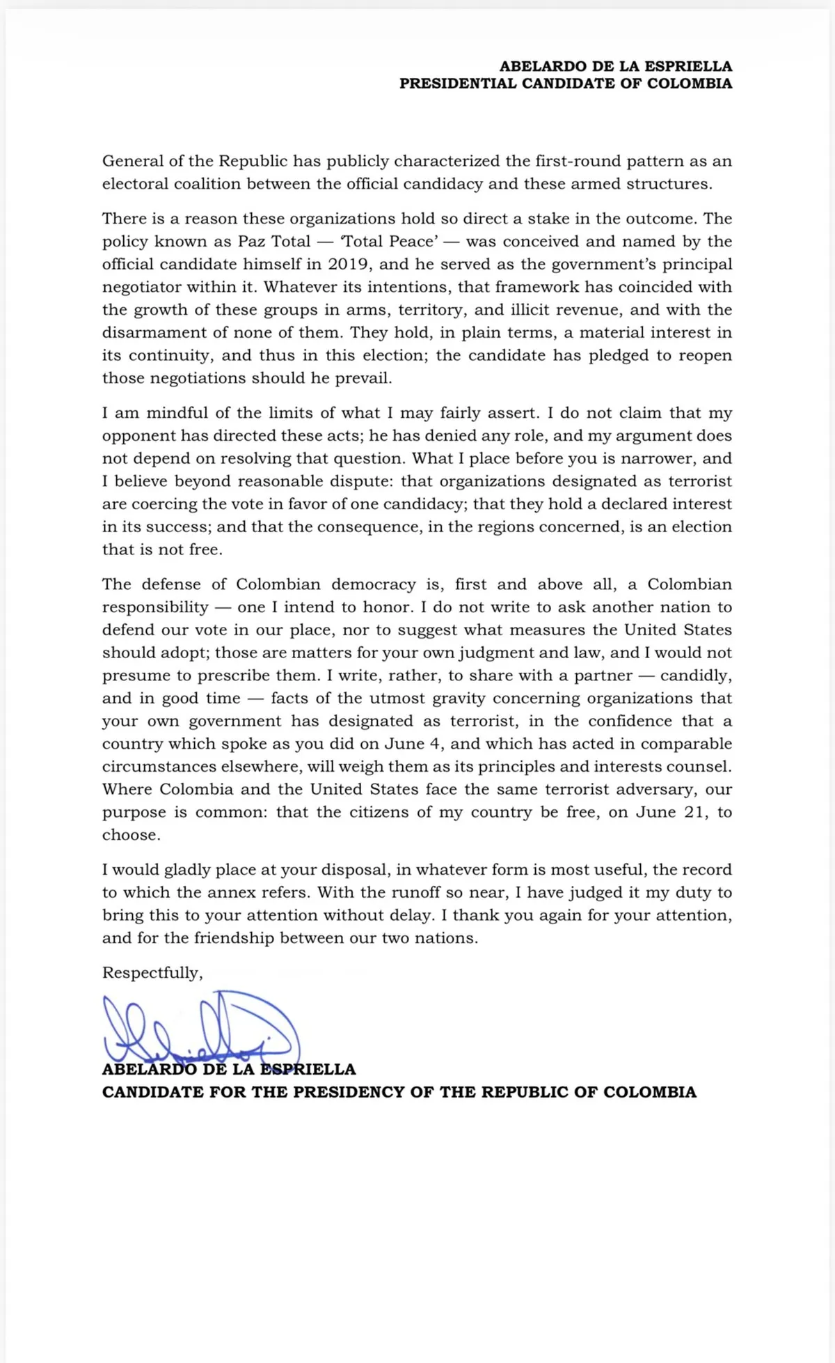 De La Espriella denunció ante Estados Unidos supuesta alianza de Cepeda con grupos armados en elecciones