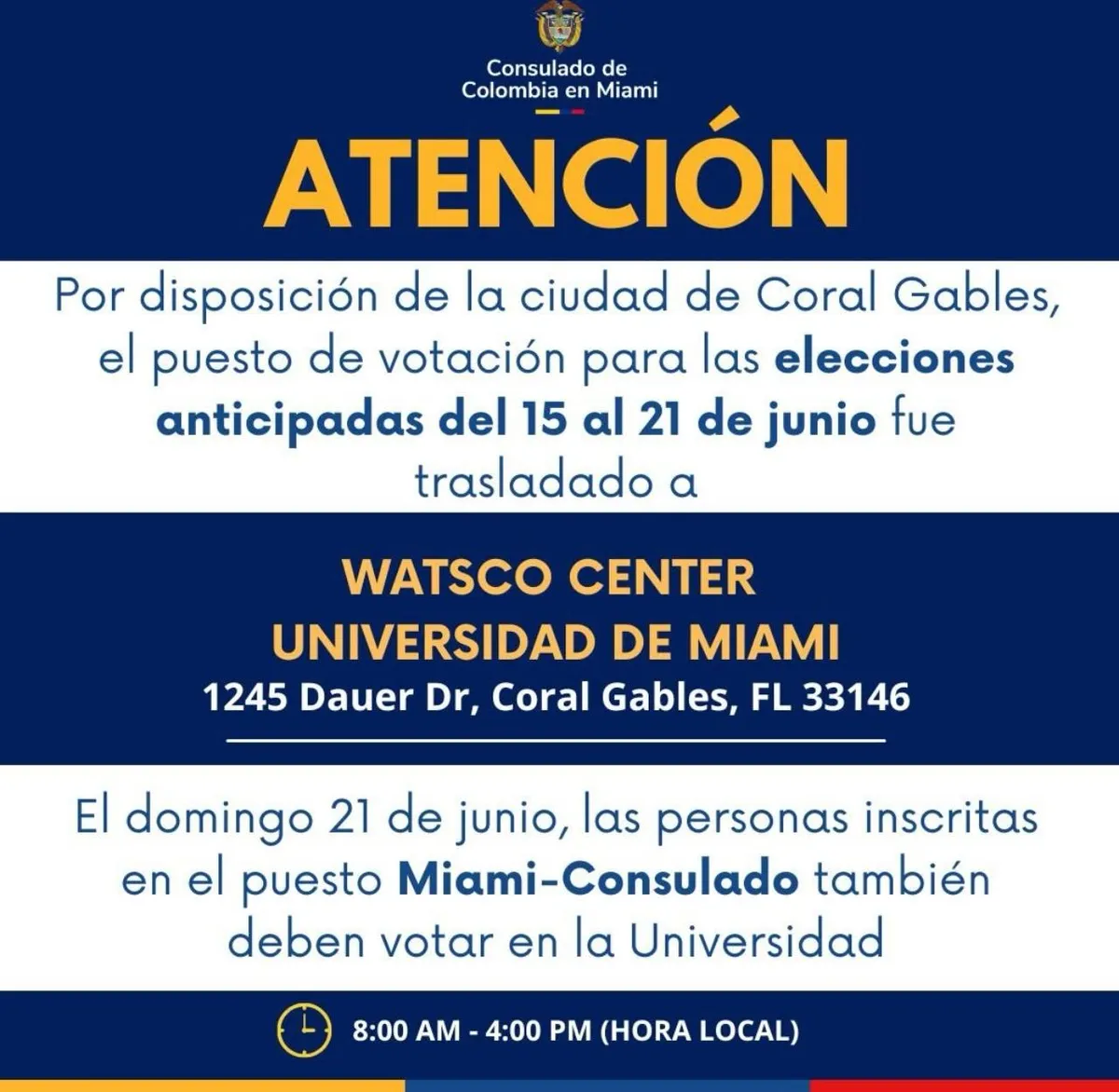 Cambian puesto de votación en Miami para segunda vuelta: colombianos deberán acudir a la Universidad de Miami