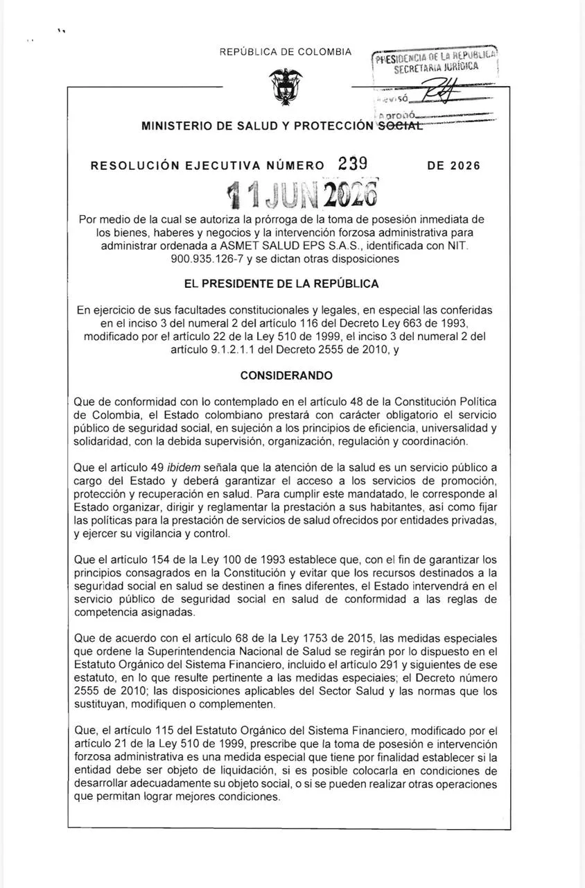Gobierno prorrogó intervención a Asmet Salud EPS