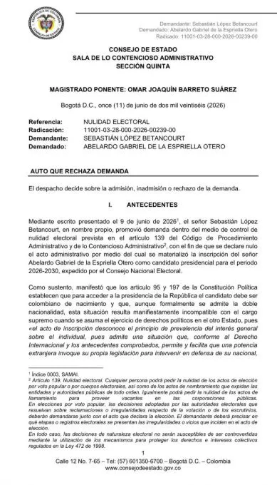 Consejo de Estado rechazó demanda que buscaba anular inscripción presidencial de Abelardo De La Espriella