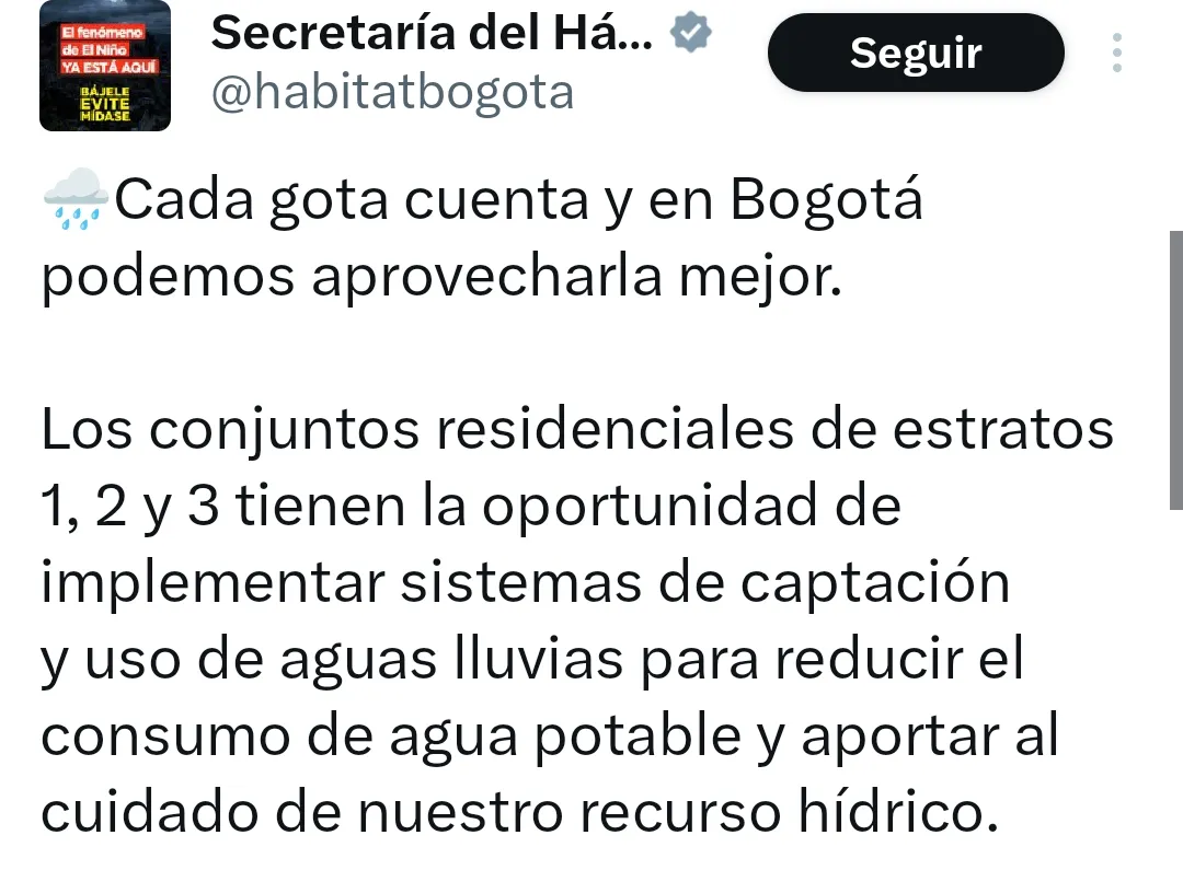 Bogotá abrió convocatoria para instalar sistemas de agua lluvia en conjuntos residenciales de estratos 1, 2 y 3