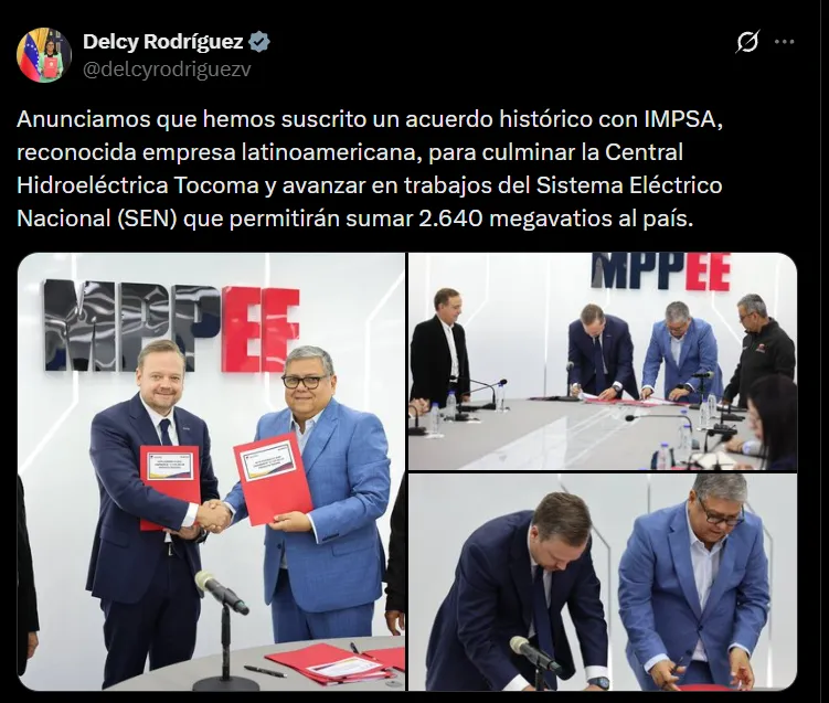 Venezuela firmó acuerdo con IMPSA para culminar la Central Hidroeléctrica de Tocoma