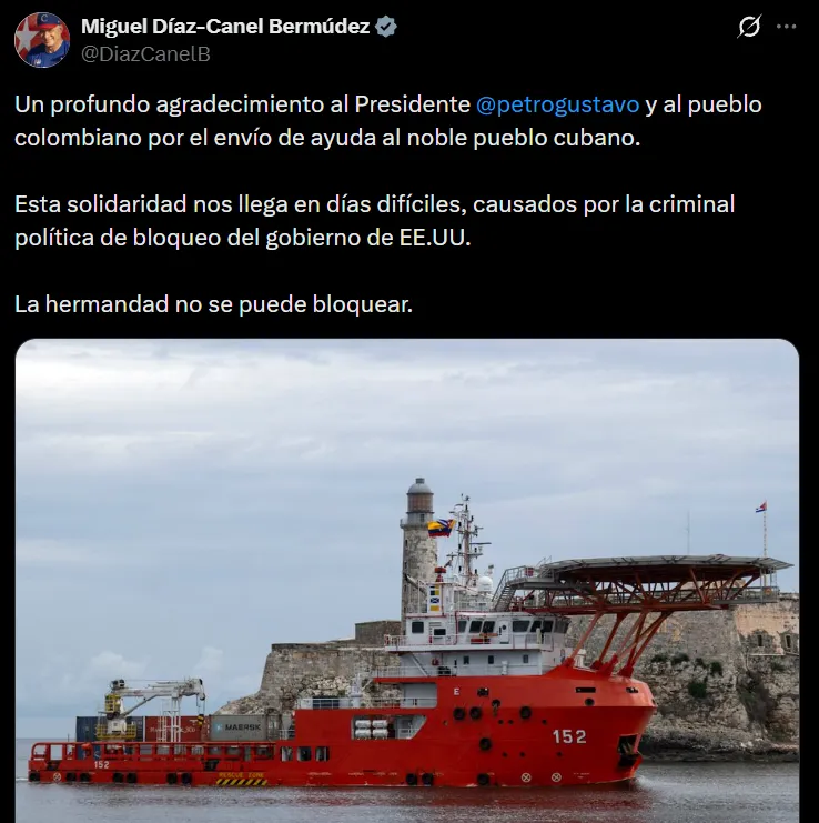 Cuba agradeció a Colombia el envío de 100 toneladas de asistencia humanitaria