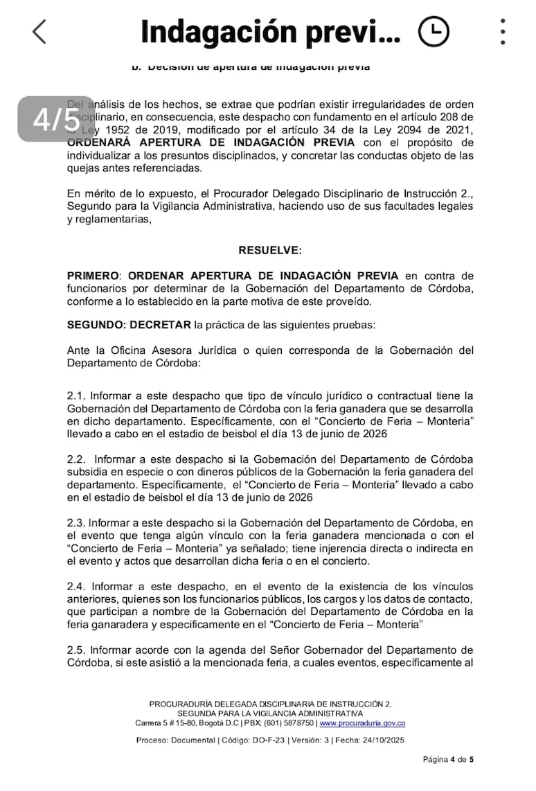 Procuraduría abrió indagación previa por presunta participación en política en la Gobernación de Córdoba tras denuncia de Petro