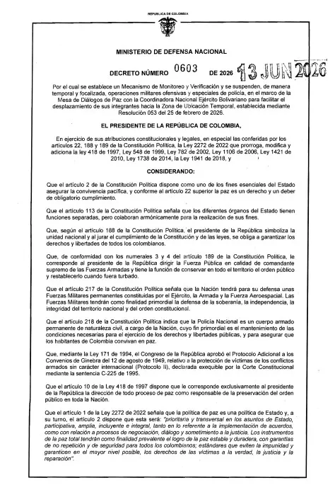 Gobierno expidió decreto que suspende operaciones ofensivas contra la Coordinadora Nacional Ejército Bolivariano para avanzar en diálogos de paz