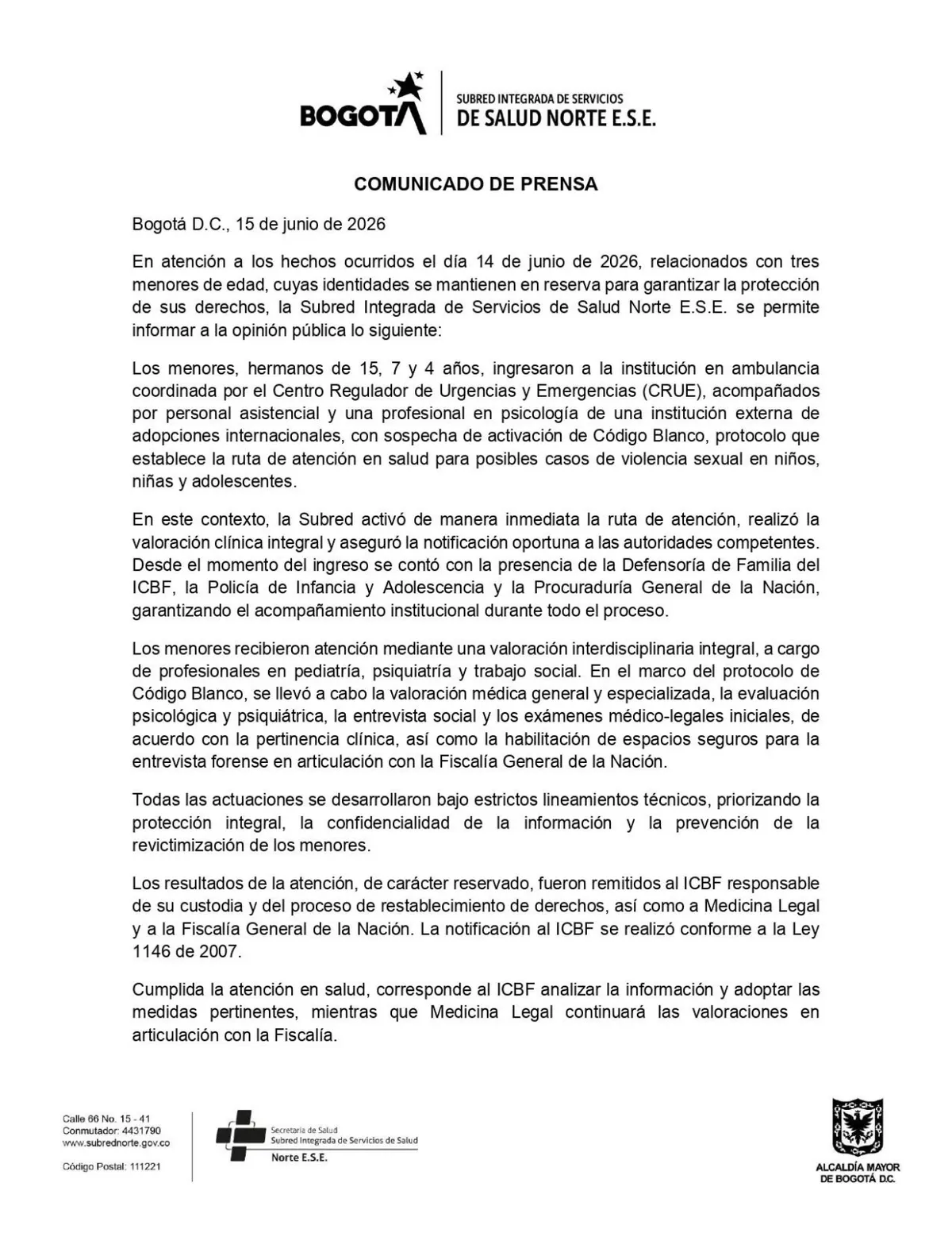 Subred Norte de Bogotá activó protocolo especial tras ingreso de tres menores por presunto caso de violencia sexual