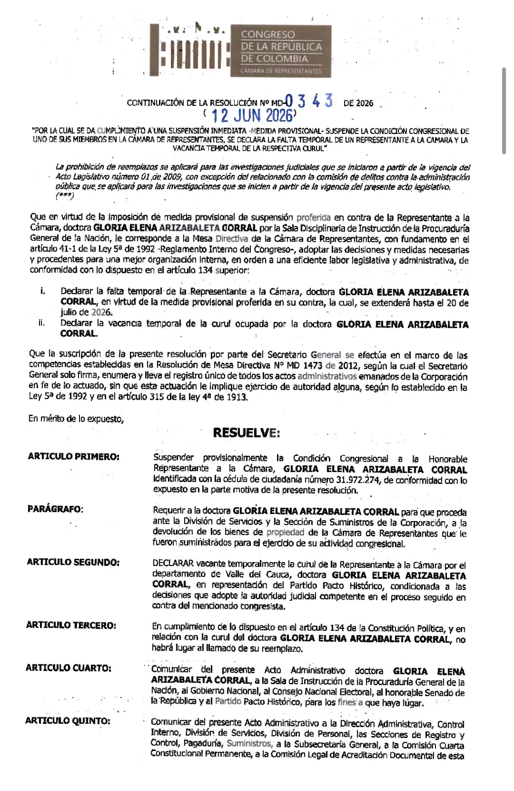 Cámara de Representantes suspendió a Gloria Elena Arizabaleta y declaró vacante temporalmente su curul