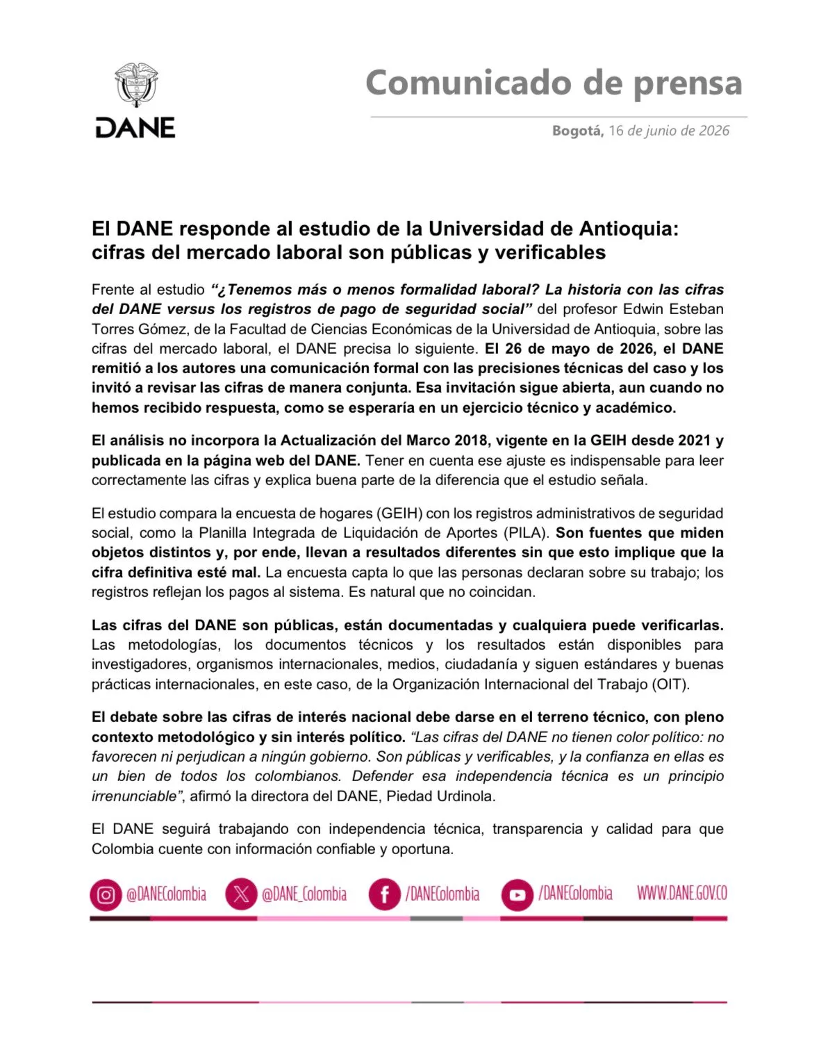 DANE respondió a cuestionamientos sobre empleo formal y defendió la validez de sus estadísticas laborales