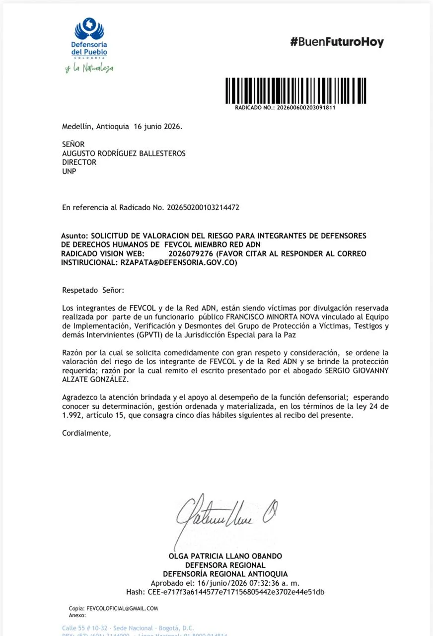 Defensoría solicita protección para integrantes de FEVCOL y Red ADN tras denuncias sobre presunto seguimiento a defensores de derechos humanos