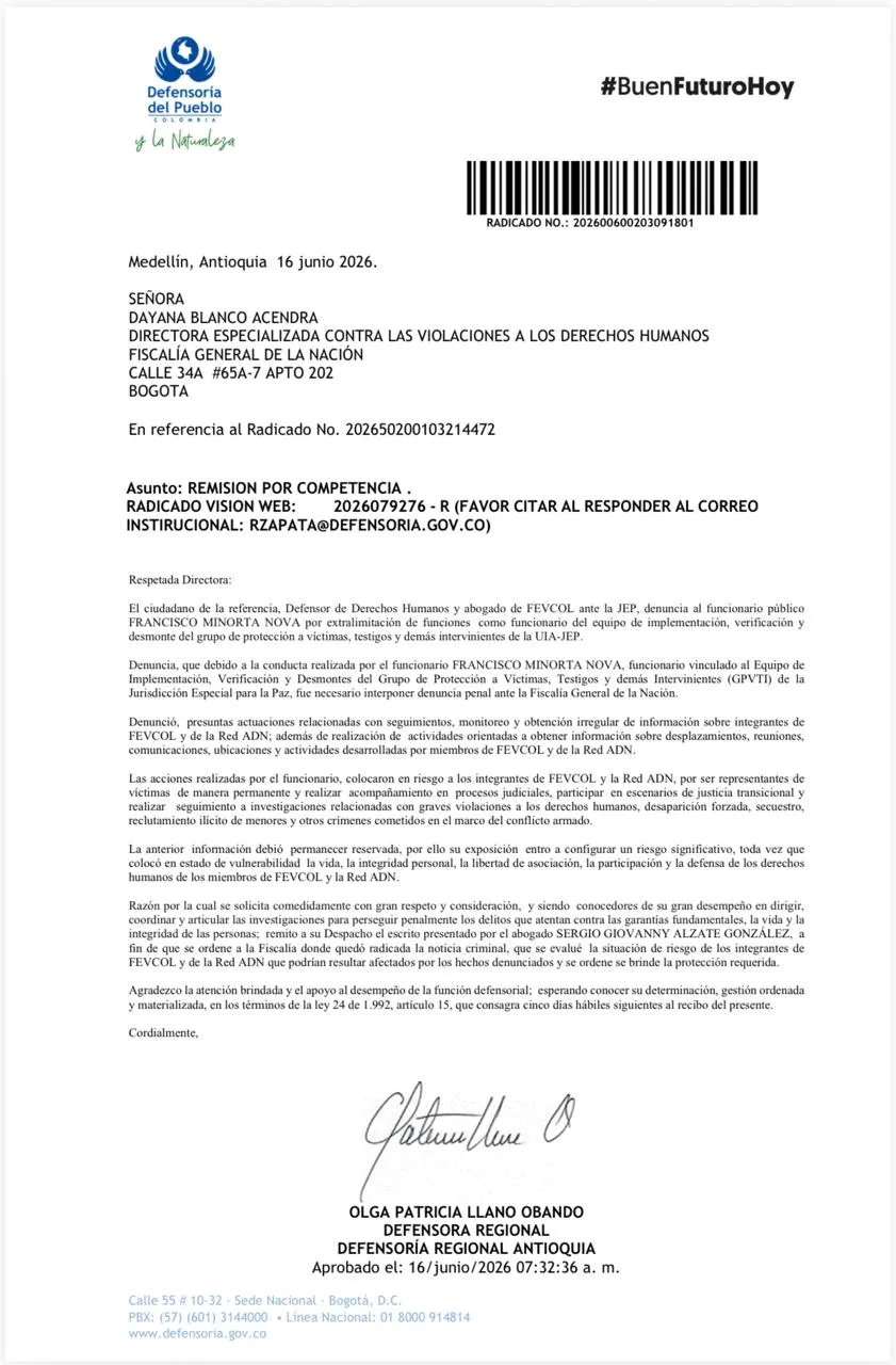 Defensoría solicita protección para integrantes de FEVCOL y Red ADN tras denuncias sobre presunto seguimiento a defensores de derechos humanos