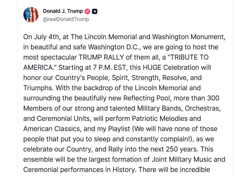 “Celebraremos el mitin más espectacular de todos”, Trump anunció celebración por los 250 años de EEUU