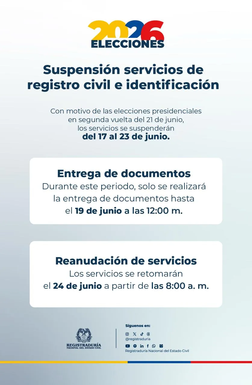 Registraduría suspenderá servicios de identificación por segunda vuelta presidencial y fija plazo para reclamar cédulas