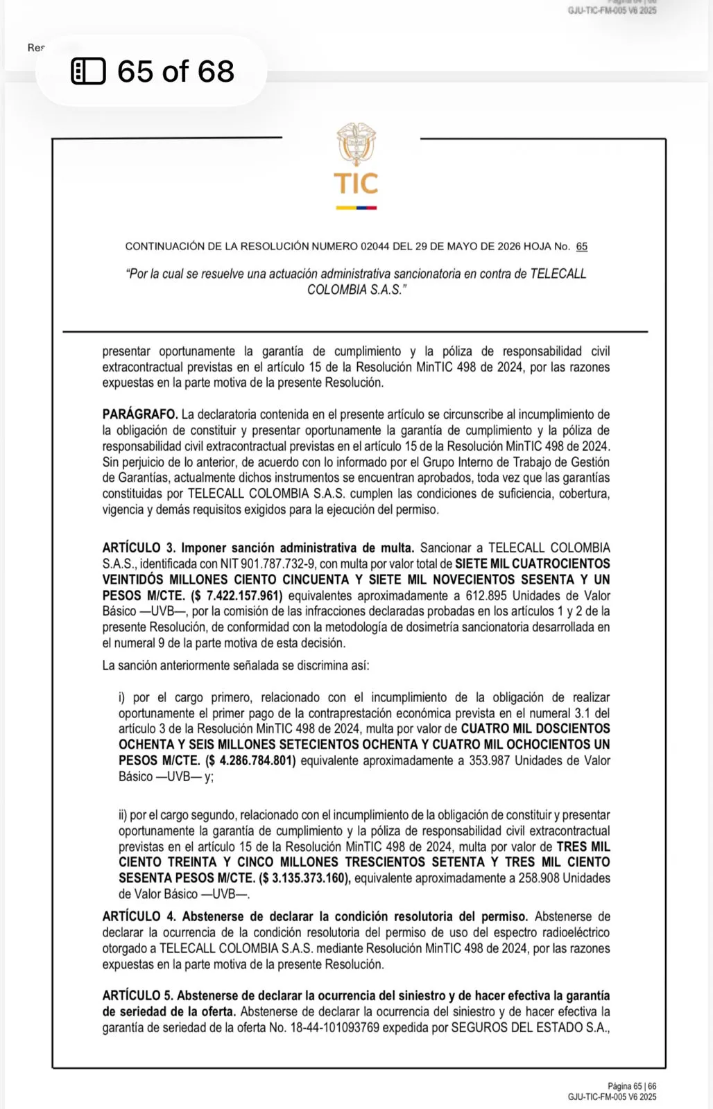 Telecall evitó perder el espectro 5G tras sanción del MinTIC por más de $7.400 millones