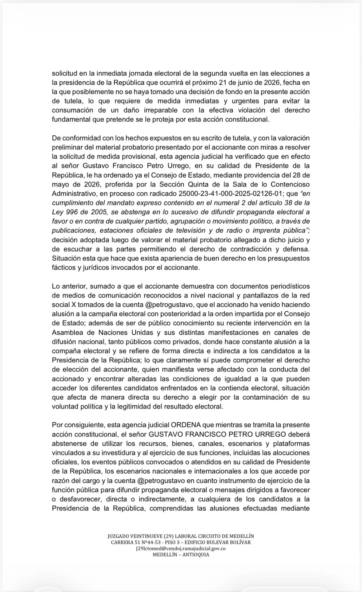 Juzgado ordenó a Petro abstenerse de usar su cuenta de X y canales oficiales para emitir mensajes de contenido electoral