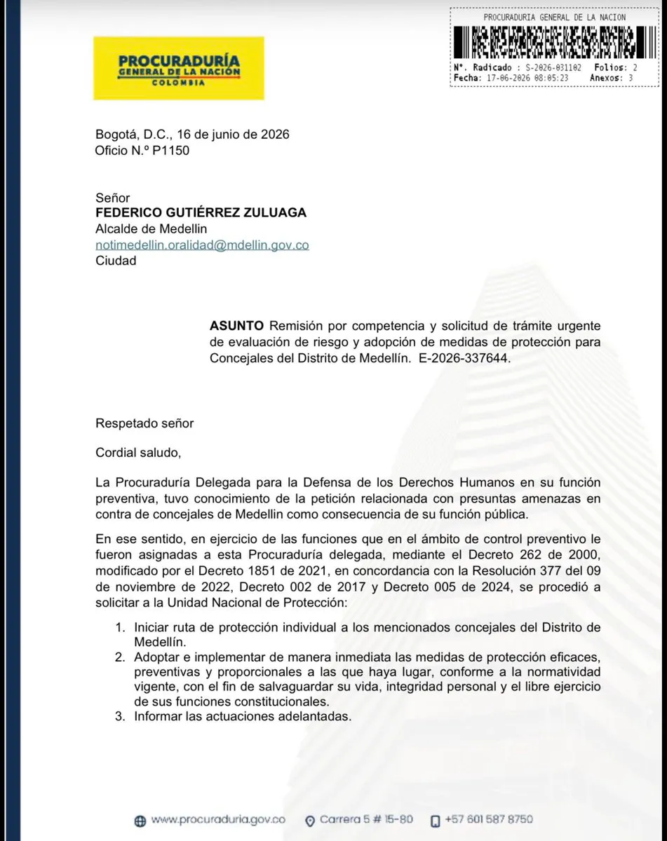 Procuraduría pidió medidas urgentes de protección para concejales de Medellín; Federico Gutiérrez cuestionó al Gobierno Nacional
