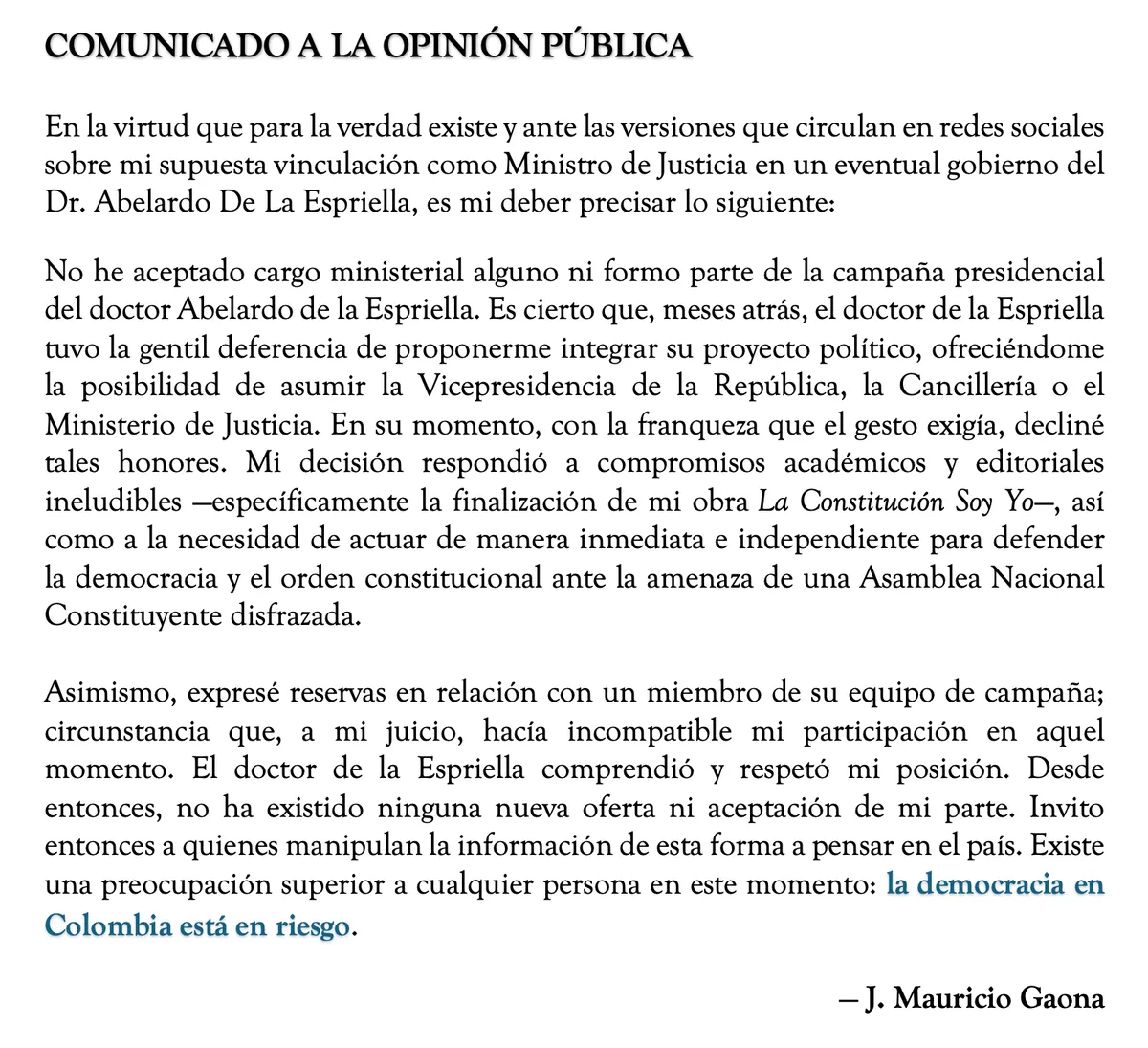 Mauricio Gaona negó vínculo con campaña de Abelardo de la Espriella y advirtió riesgos para la democracia