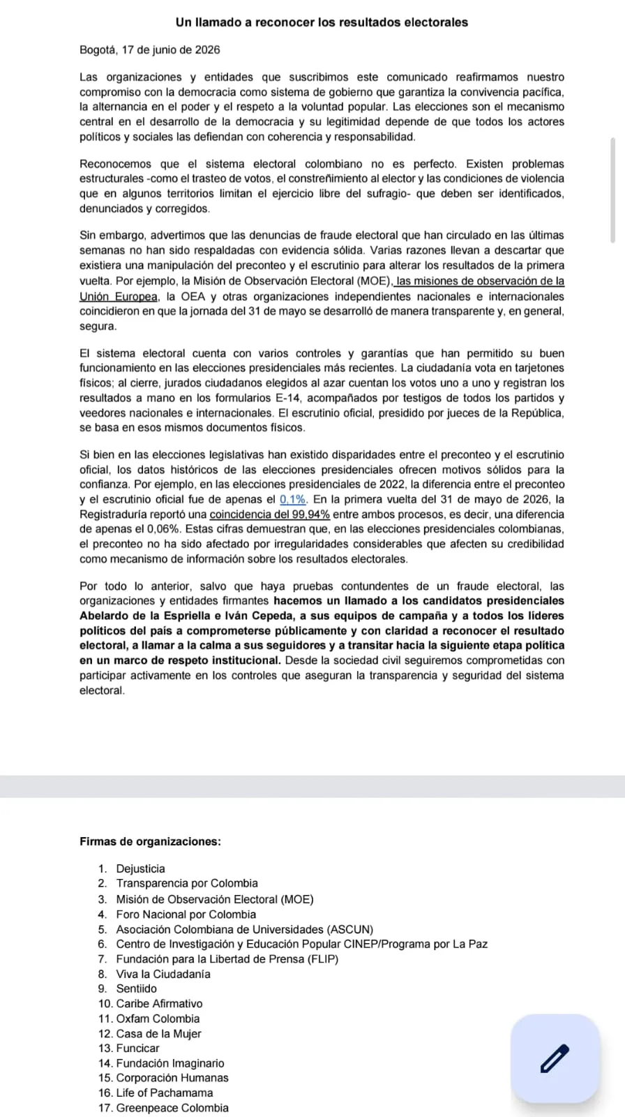 Más de 50 organizaciones pidieron reconocer los resultados electorales y rechazaron denuncias de fraude sin pruebas