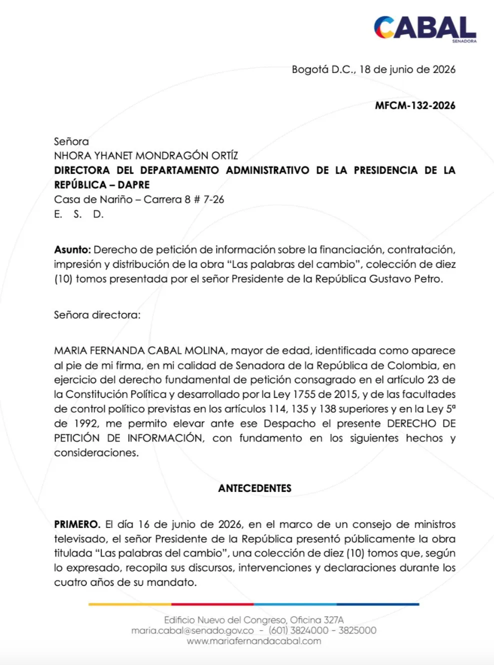 Cabal pidió cuentas al DAPRE por colección “Las palabras del cambio” y cuestiona uso de recursos públicos