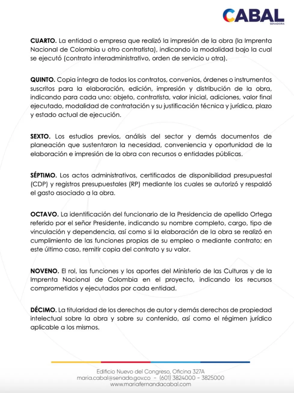 Cabal pidió cuentas al DAPRE por colección “Las palabras del cambio” y cuestiona uso de recursos públicos
