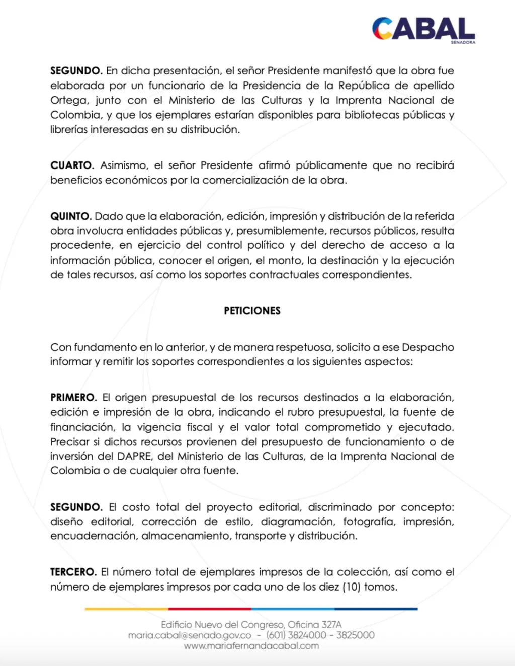 Cabal pidió cuentas al DAPRE por colección “Las palabras del cambio” y cuestiona uso de recursos públicos