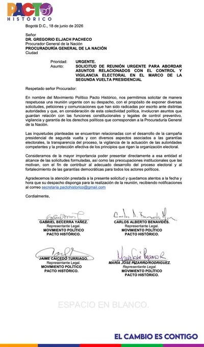 Pacto Histórico solicitó reunión urgente con la Procuraduría para abordar garantías electorales de cara a la segunda vuelta presidencial