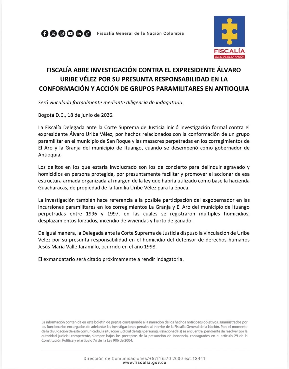 Fiscalía abrió investigación formal contra Álvaro Uribe por presuntos vínculos con grupos paramilitares en Antioquia