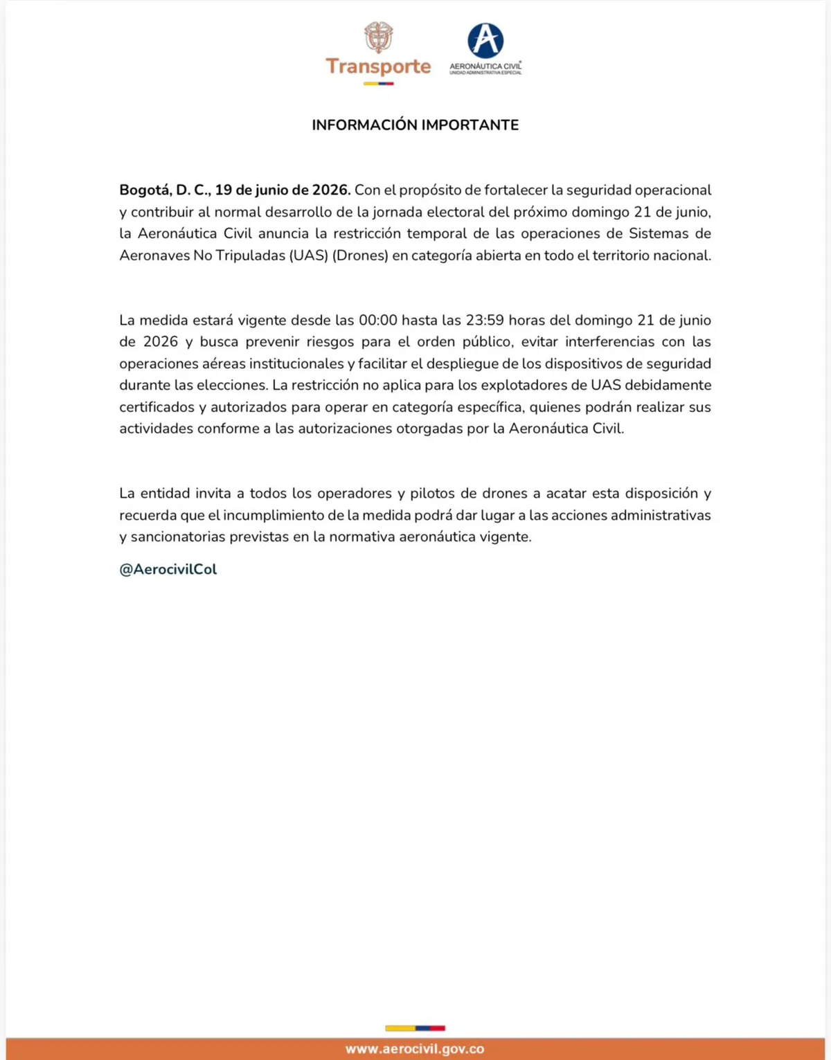 Aerocivil restringió uso de drones en el país durante la jornada electoral del 21 de junio