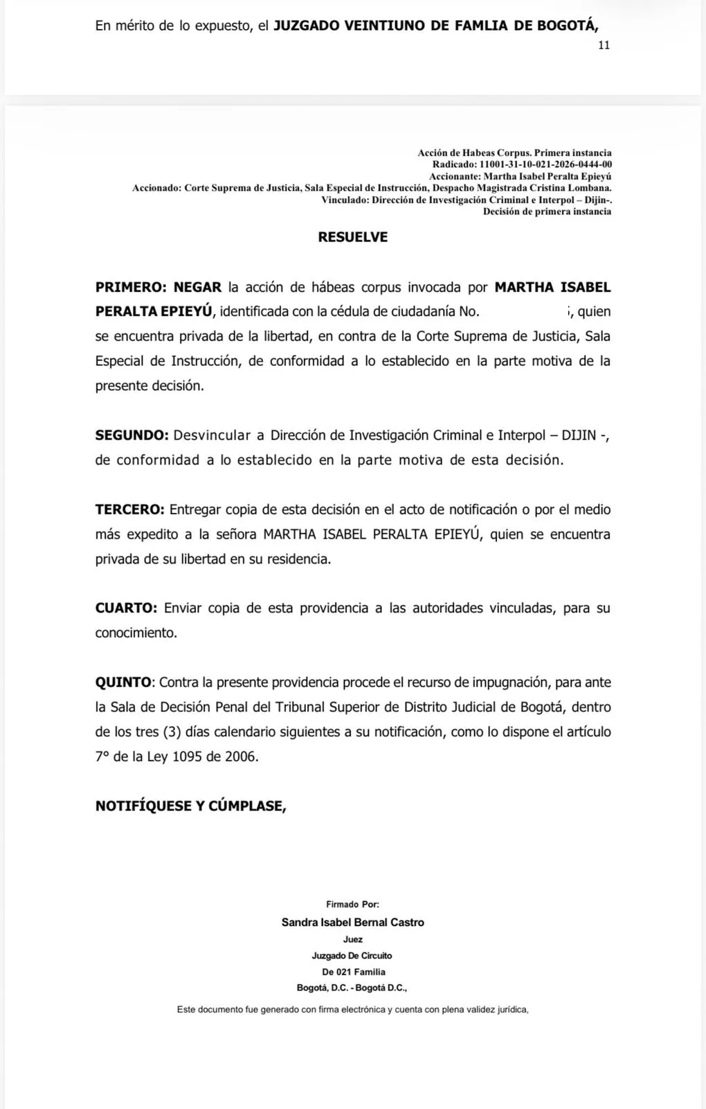 Juez de Bogotá negó hábeas corpus solicitado por Martha Isabel Peralta Epieyú