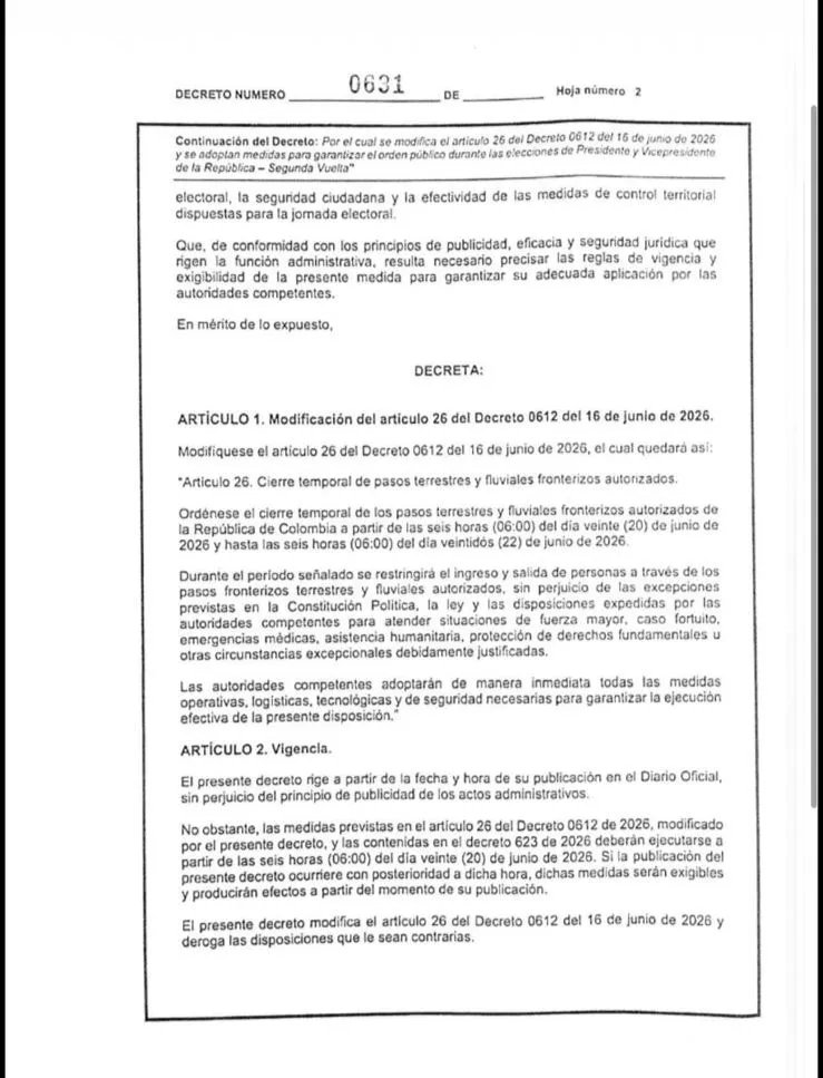 Gobierno modificó horario de cierre de fronteras por segunda vuelta presidencial y extendió la medida hasta el lunes
