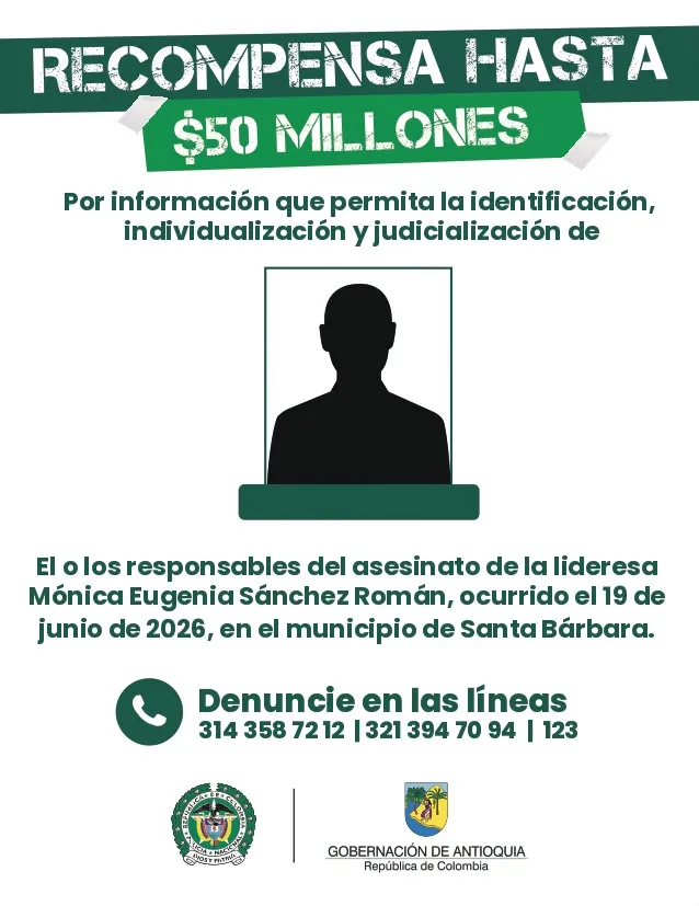 Gobernación de Antioquia ofreció $50 millones de recompensa por asesinato de lideresa comunal en Santa Bárbara