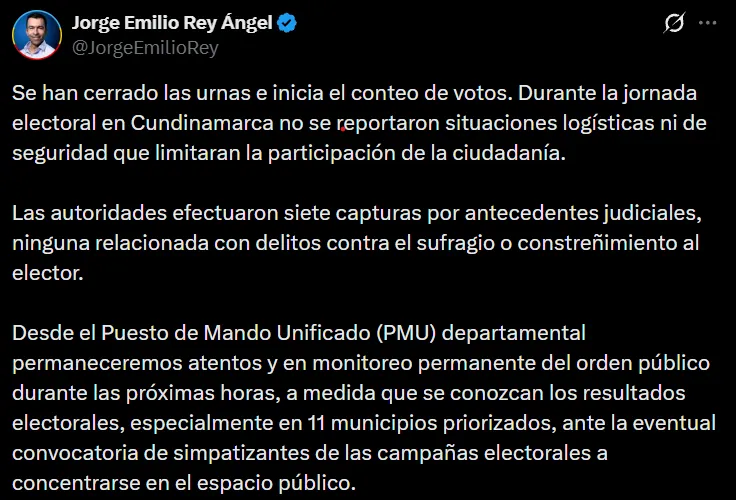 Elecciones 2026: Gobernador de Cundinamarca dio un balance de la jornada electoral y llamó a respetar los resultados