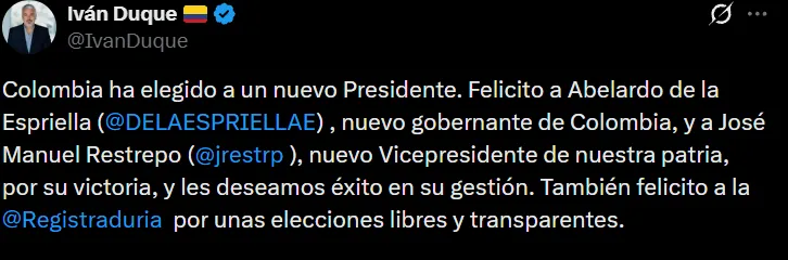 Elecciones 2026: Iván Duque felicitó a Abelardo De La Espriella tras conocer los resultados