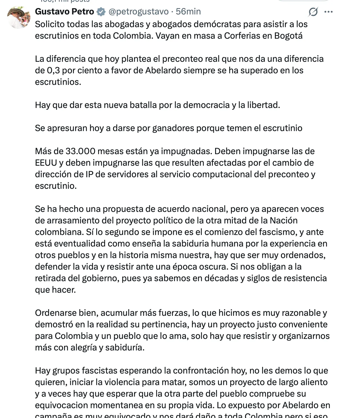 Elecciones 2026: Petro cuestionó resultados preliminares, pidió reforzar los escrutinios y advirtió sobre riesgos para su proyecto político