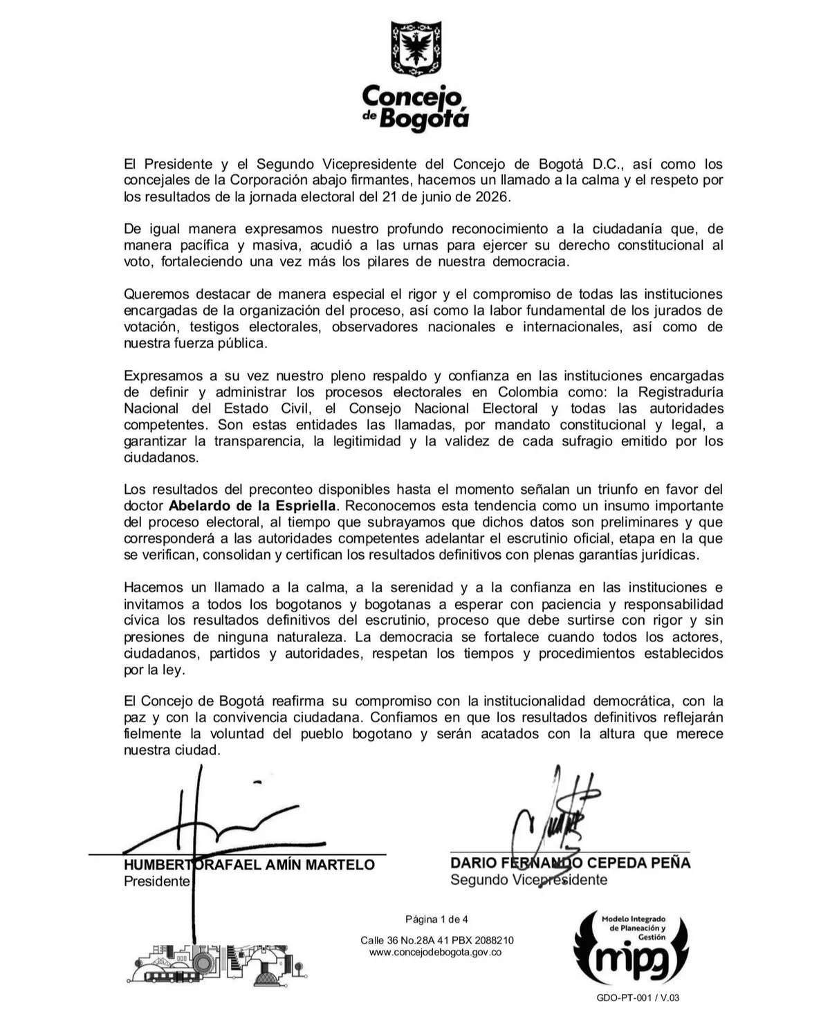 Concejo de Bogotá llamó a la calma tras elecciones y reconoció ventaja de Abelardo de la Espriella