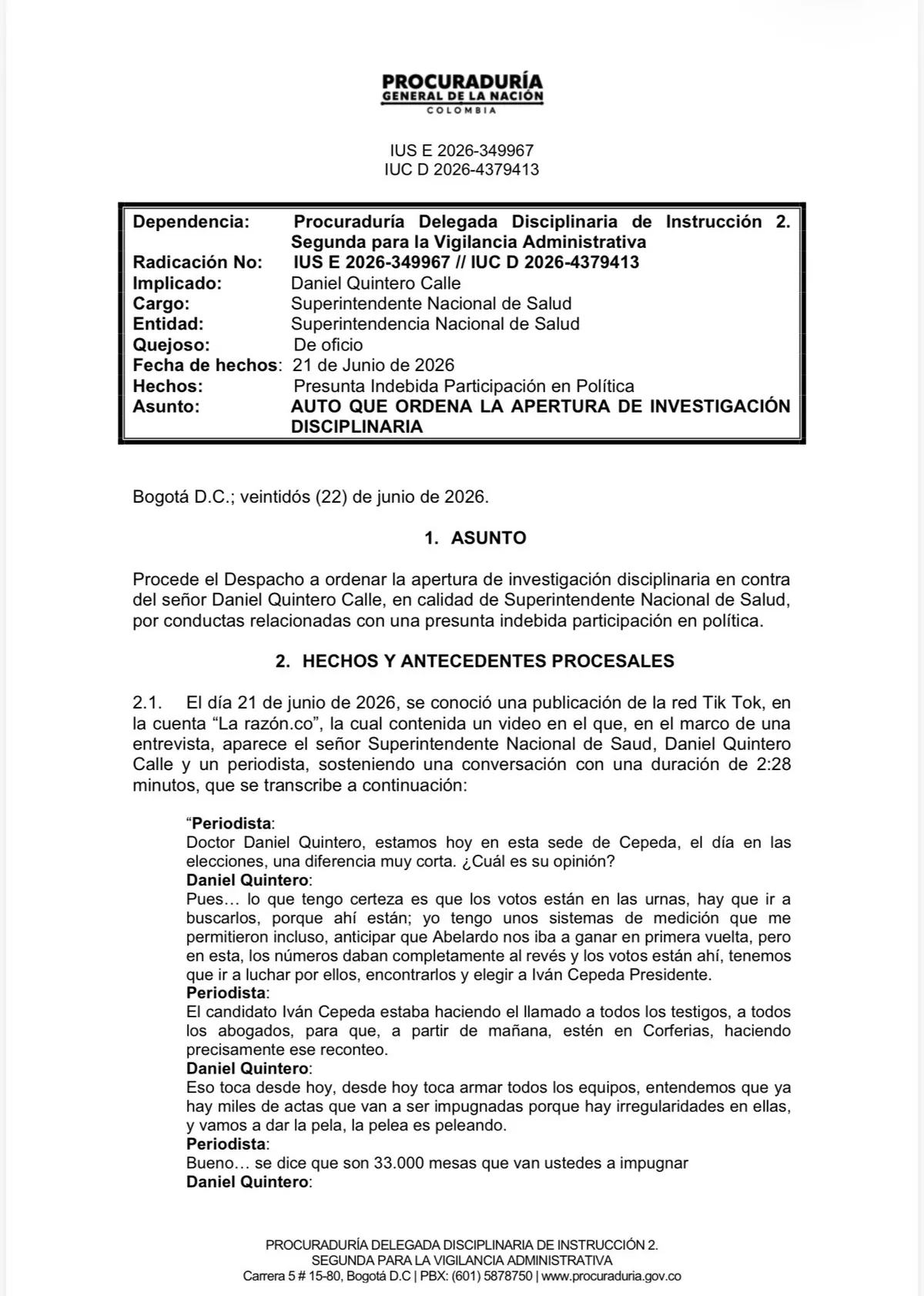 Procuraduría abrió investigación disciplinaria contra Daniel Quintero por presunta participación en política