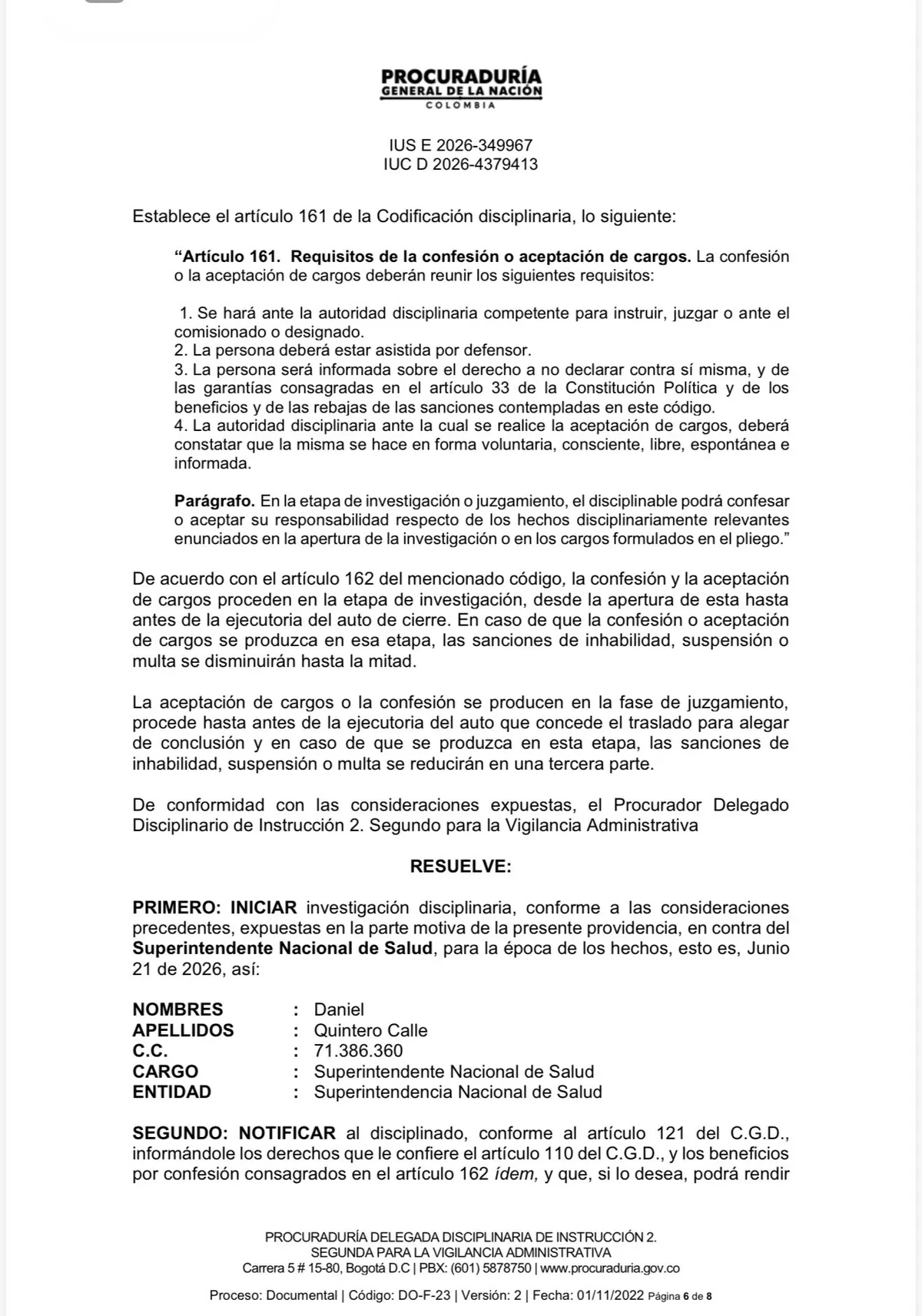 Procuraduría abrió investigación disciplinaria contra Daniel Quintero por presunta participación en política