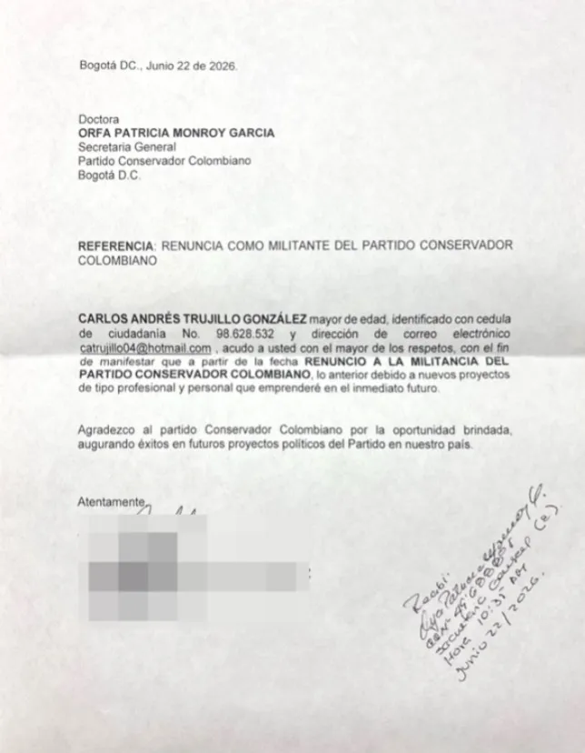 Carlos Andrés Trujillo renunció al Partido Conservador Colombiano y puso fin a su militancia política