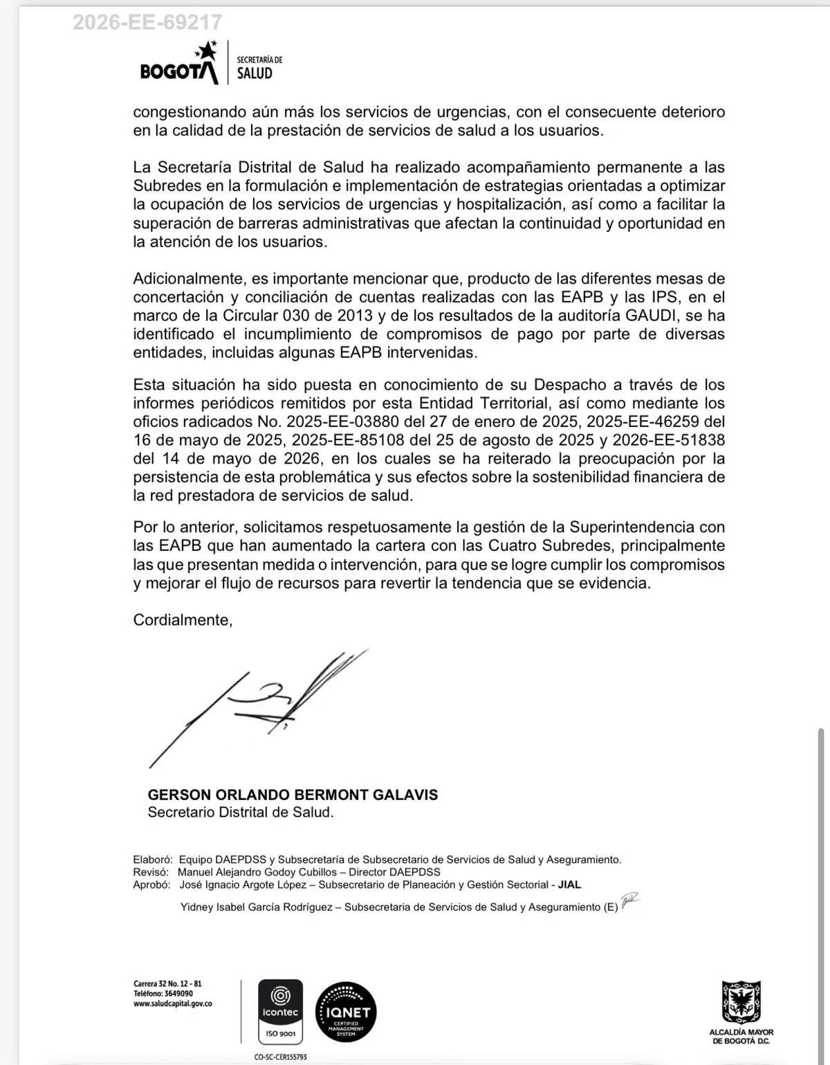 Por quinta vez, SecSalud de Bogotá pidió intervención de Supersalud por millonaria deuda de EPS intervenidas