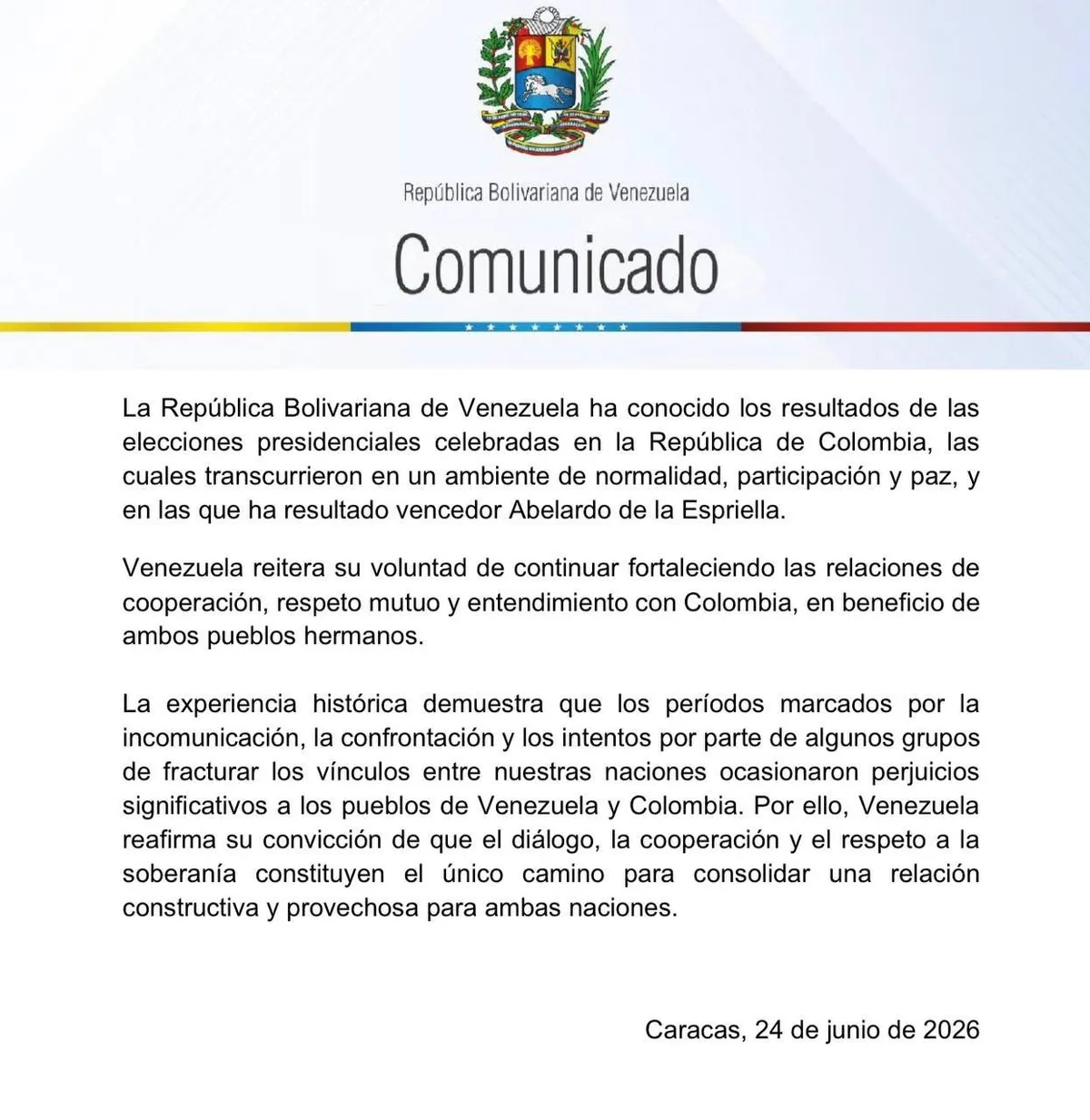 Venezuela reconoce resultados presidenciales en Colombia y expresa disposición para fortalecer la relación bilateral
