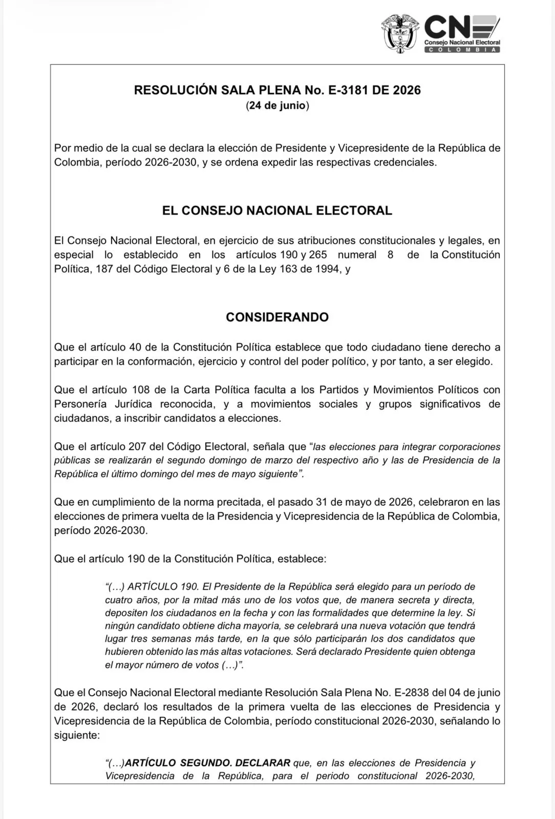 Con resolución definitiva, CNE declaró presidente electo a Abelardo de la Espriella y vicepresidente a José Manuel Restrepo