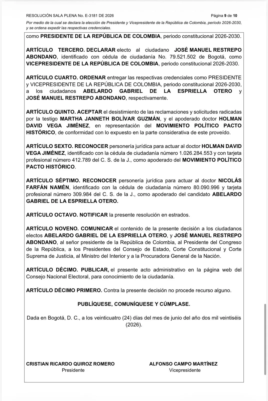 Con resolución definitiva, CNE declaró presidente electo a Abelardo de la Espriella y vicepresidente a José Manuel Restrepo