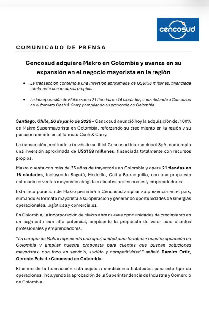 Cencosud amplió su presencia en Colombia con la compra de Makro por US$158 millones